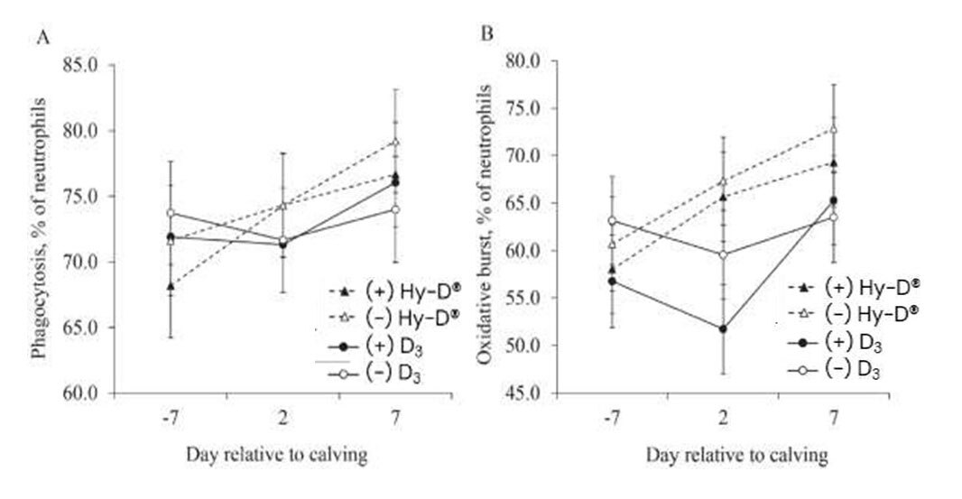Figure 8. Effects of vitamin D source (D3 or Hy-D®) and DCAD strategy (negative or positive) on indicators of mastitis severity during a challenge with S. uberis