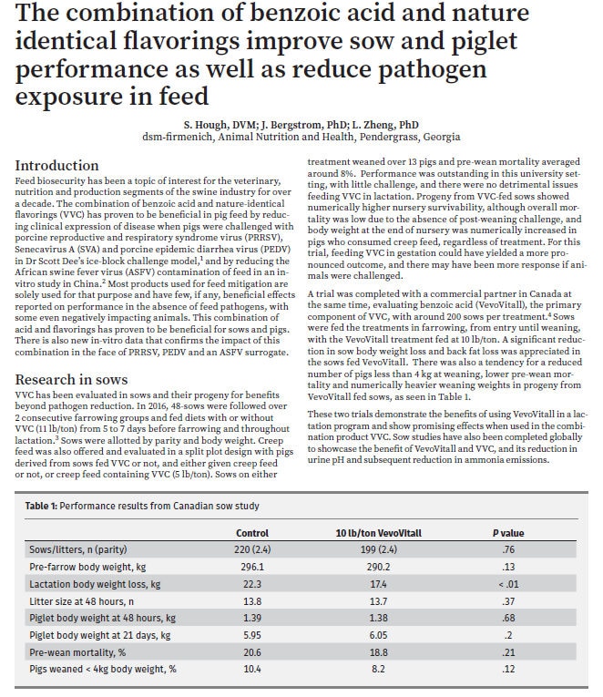 The combination of benzoic acid and nature identical flavorings improve sow and piglet performance as well as reduce pathogen exposure in feed