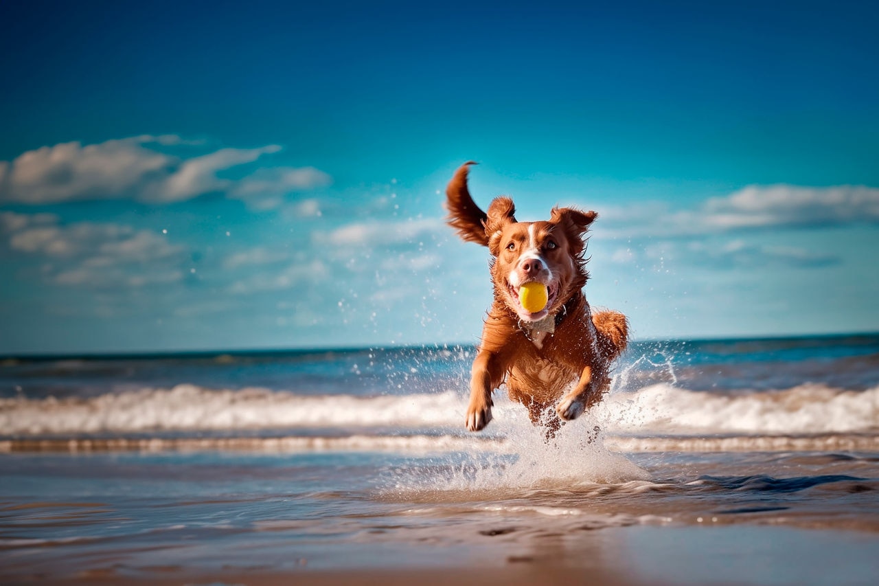 Dog plays in the beach