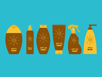 Tube of suntan oil cream. After sun lotion. Bottle set. Solar defence icon. SPF 6 15 20 30 50 sun protection factor. UVA UVB sunscreen. Blue background. Flat design. Vector illustration