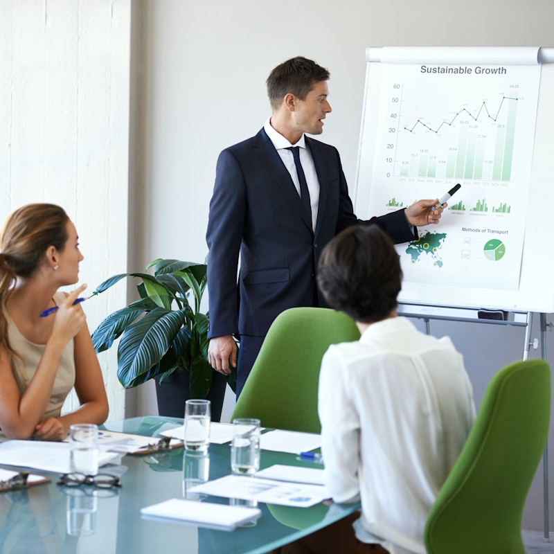 Business man, speaker or presentation of corporate management team with sustainable growth chart. Training, people or collaboration of eco friendly company staff in conference room for report meeting.