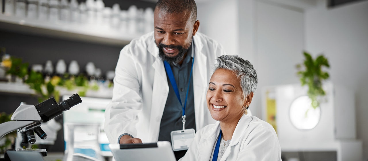 Teamwork, people or tablet in biology laboratory, science collaboration or mature medical research of engineering. Happy scientist, technology or green plant sustainability for growth innovation agro.